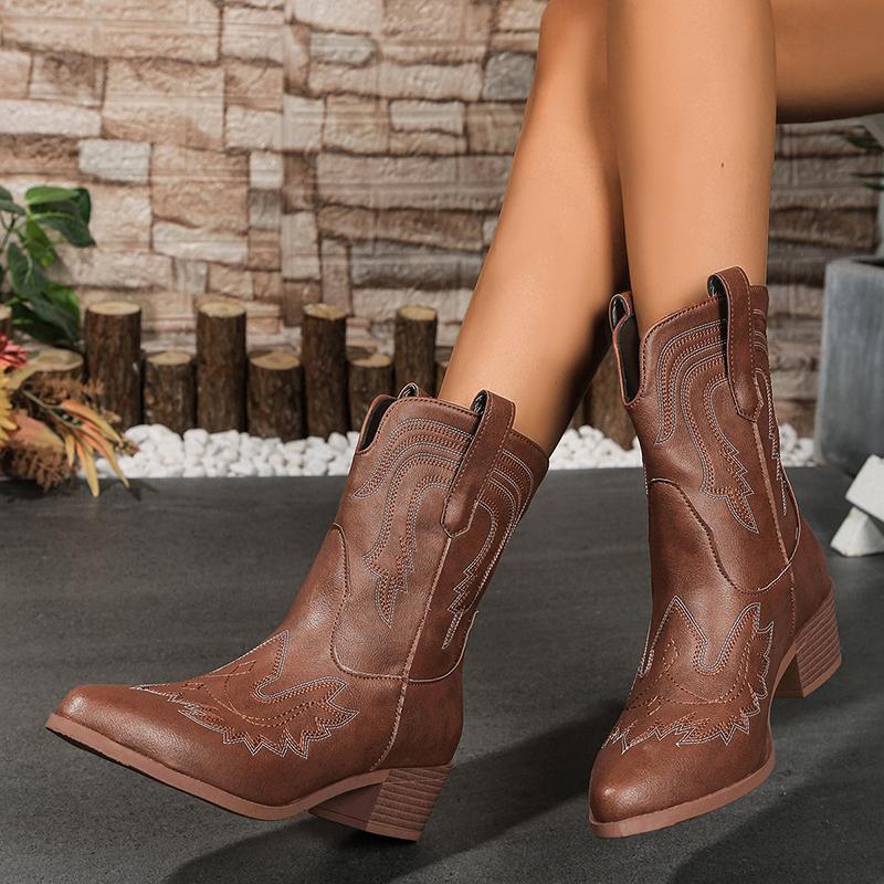 Fashion Retro Embroidery Design Women's Boots Waterproof Pu Leather Chunky Heel Western Boots Big Size 43 Pointed Toe Ankle Boots