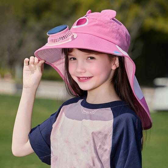 Kids Hat with Solar USB Powered Fan Cartoon Styling Shawl Design Adjustable Outdoor Hiking Cycling Fishing Cap