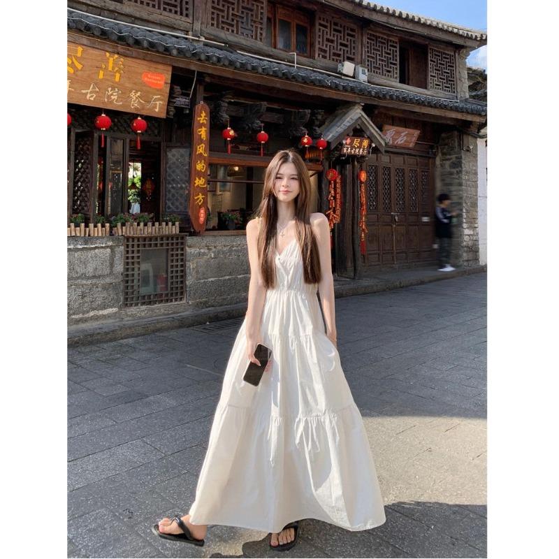 Seaside Holiday Style White Suspender Dress Women's Summer Waist and Thin Big Swing Skirt Temperament Medium and Long Skirt