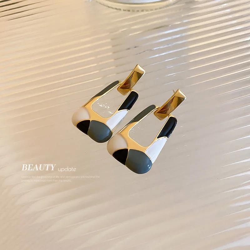 Women Colorful Enamel Trapezoid Earrings Hollow Geometric Long Dangle Ear Jewelry For Party Fashion