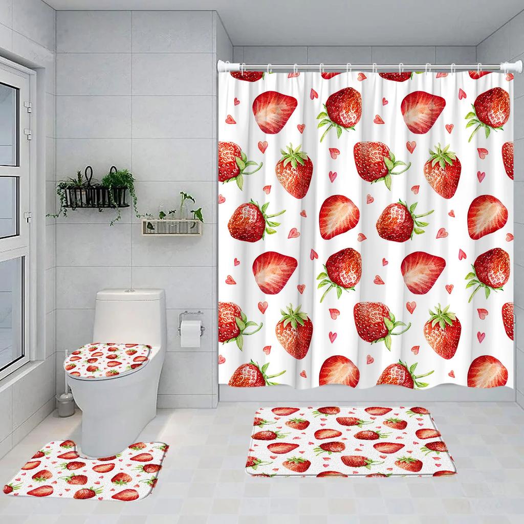 Strawberry Pink Shower Curtain Set Girls Woman Fruit Summer Bathroom Decoration Bathtub Rug Mat Home Carpet Toilet Lid Cover