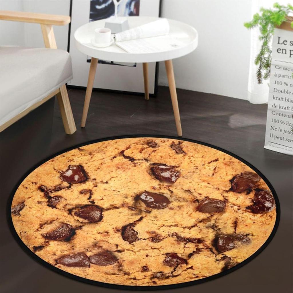 Food Pizza Cookie Fire Pit Fun Novelty Round Mat Realistic 3D Effect Non-slip Carpet Rug for Living Kitchen Home Decoration Rugs