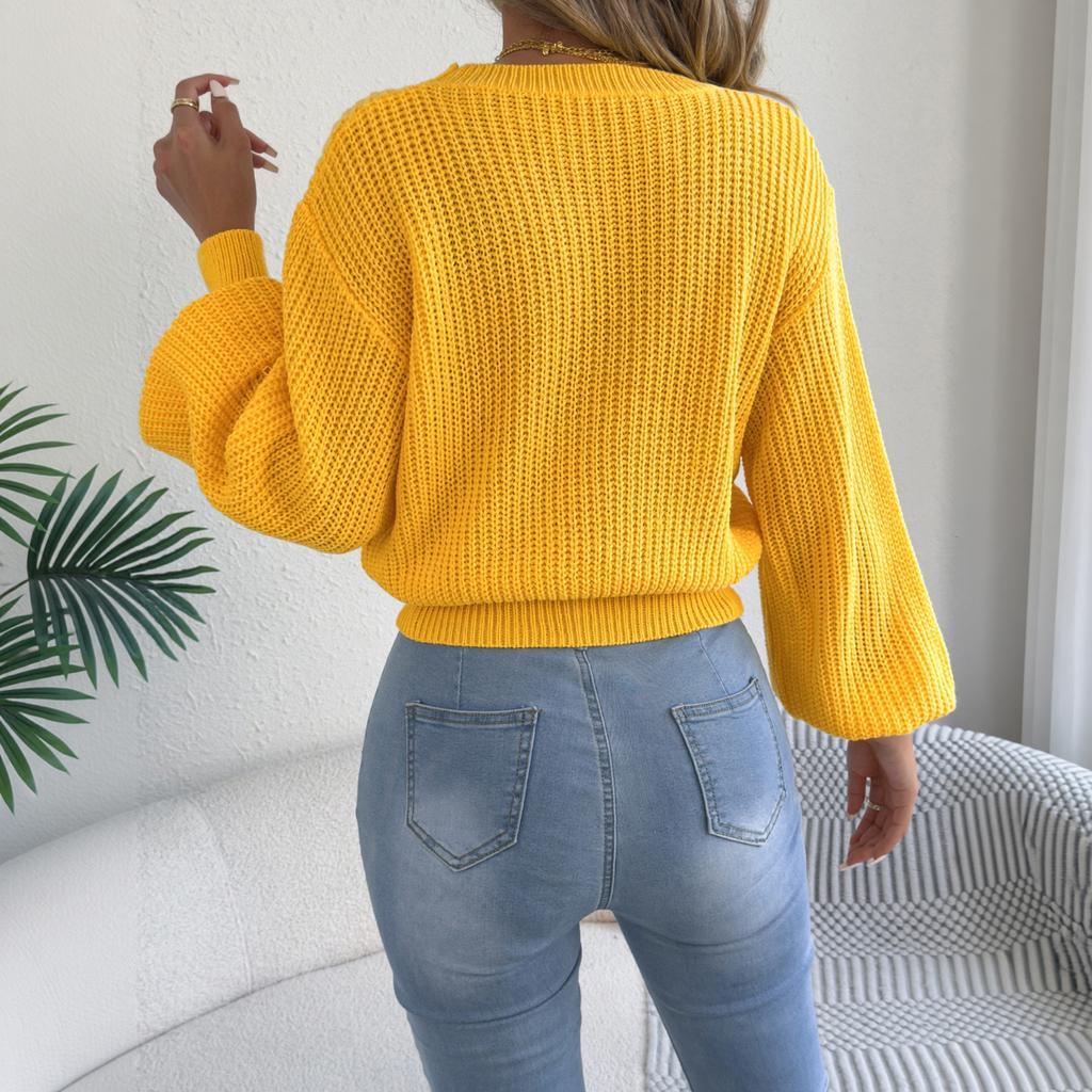 Women's Winter Color Loose Fit Sleeve Short Pullover Sweater with Waist Definition
