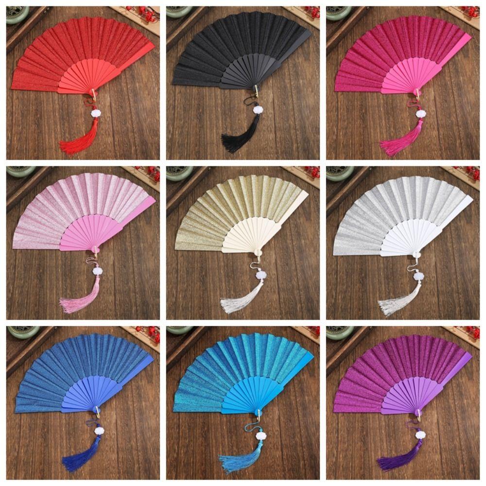 Plastic Folding Fan Tassels Handheld Fan Portable Gold Powder Fan Home Decoration
