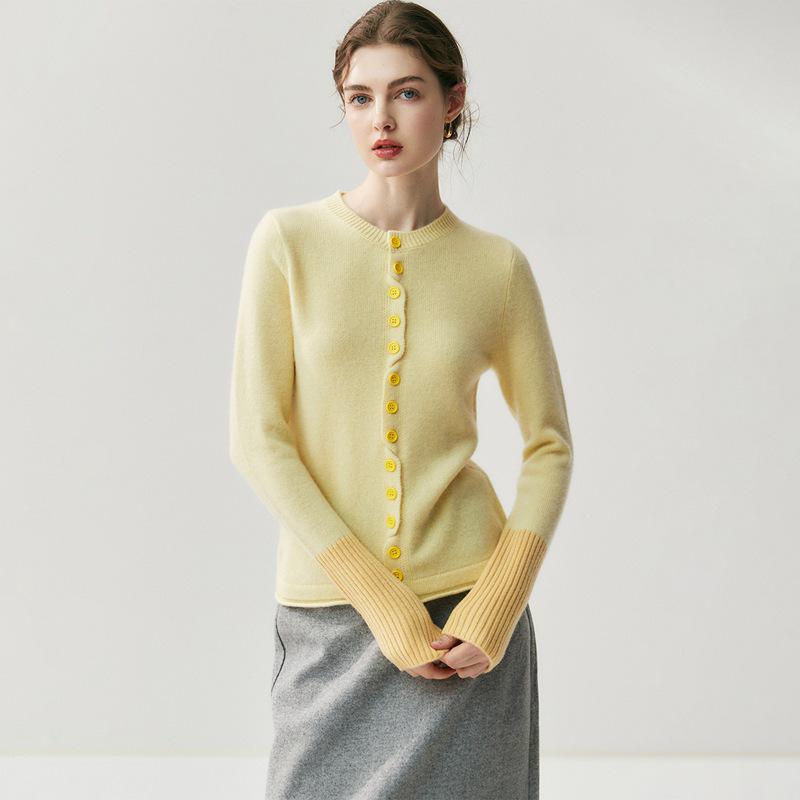 Women's Cashmere Color Block Cardigan - Round Neck, Versatile Cuff, Autumn/Winter Style
