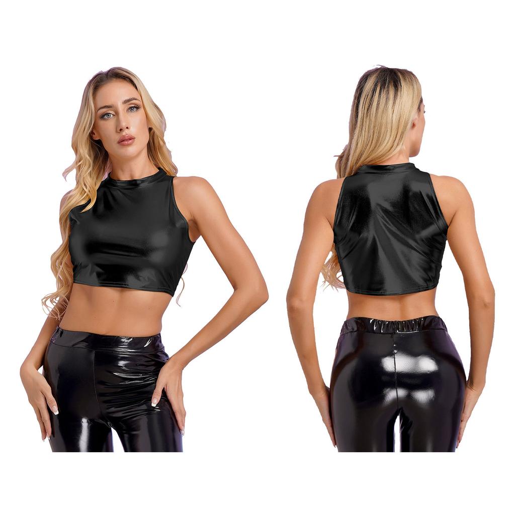 Womens Metallic Shiny Crop Tops Mock Neck Sleeveless Vest Stylish Slim Fitted Tank Top for Dance Nightclub Carnivals