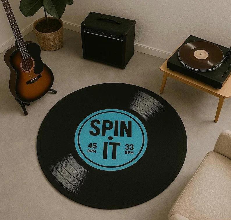 Tapis de sol décoratif personnalisé en forme de disque vinyle Antidérapant Rétro Musique pour Salon Studio