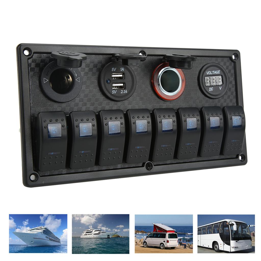 Car Boat Rocker Switch Panel Blue LED Light with Dual USB Voltmeter Cigarette Lighter 12‑24V for Yachts Ships Caravans