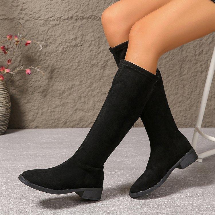 Damskie Modne Kozaki Wiosna i Jesień Nowy Styl Okrągły Nosek Tylny Zamek Kozaki do Kolana Kobiety Szyte Wysokie Kozaki