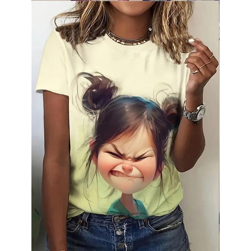 Summer Women's T Shirt Anime Girl Pattern Print Casual Short Sleeve Pullover Fashion Streetwear Cute Girl Tee Female Clothing