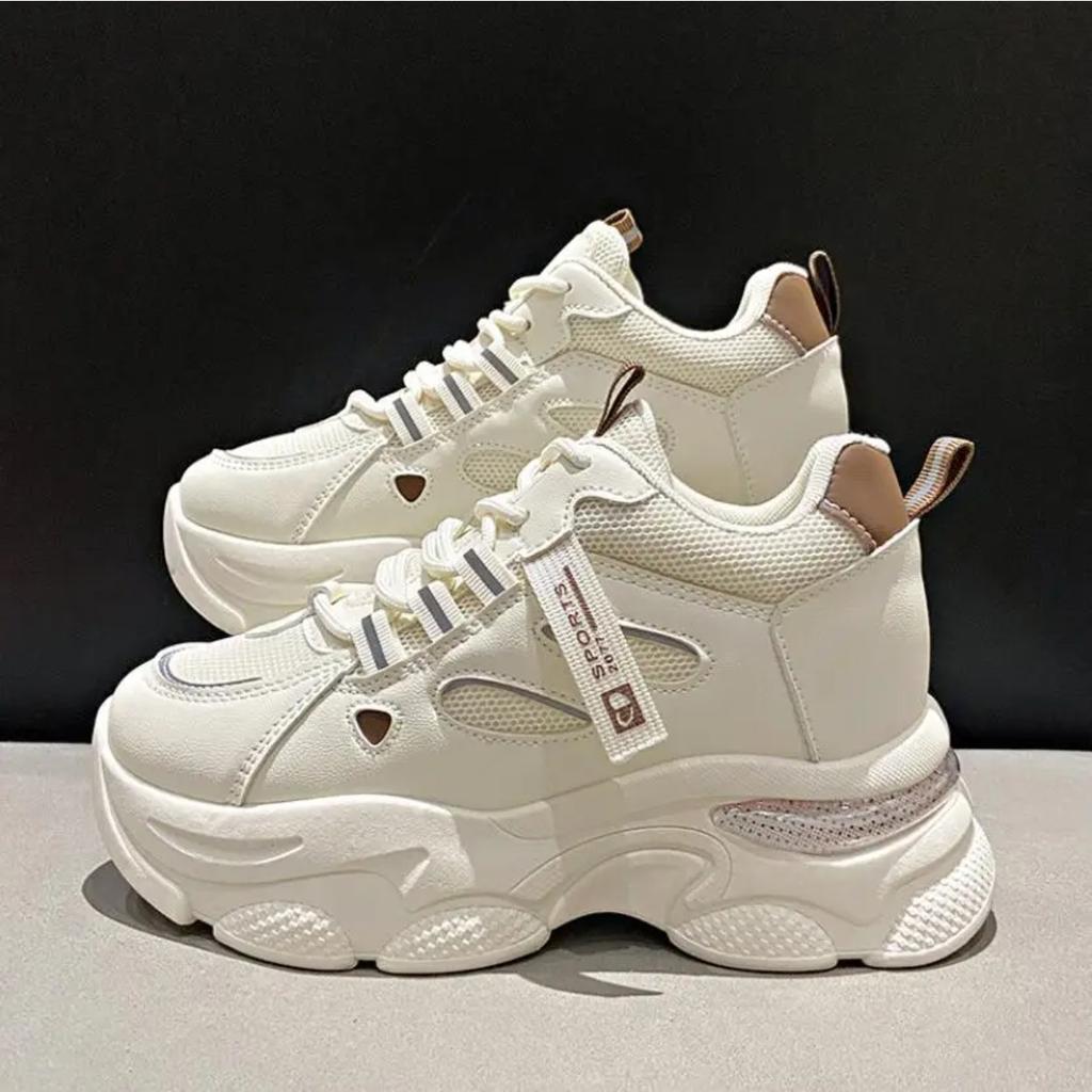 Sneakersy Damskie Casual Białe Buty 6CM Moda Zwiększające Wysokość Gruba Podeszwa Wiosenne Platformy Skórzane Damskie Chunky Sneakers