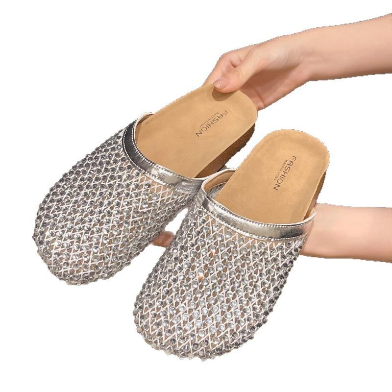 Fishnet Socks Slippers Women's Summer Rhinestone Low-heeled Flat Sandals Women's Rhinestone Slippers