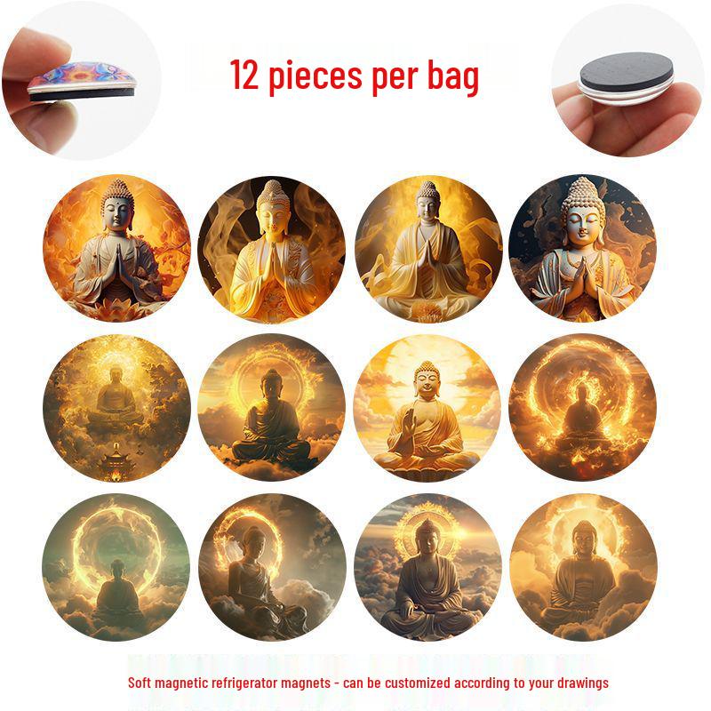 

Золотая статуэтка Будды Креативная картинка Время Драгоценный камень Стекло Магнит на холодильник 25 mm Fridge Magnet Set of 12