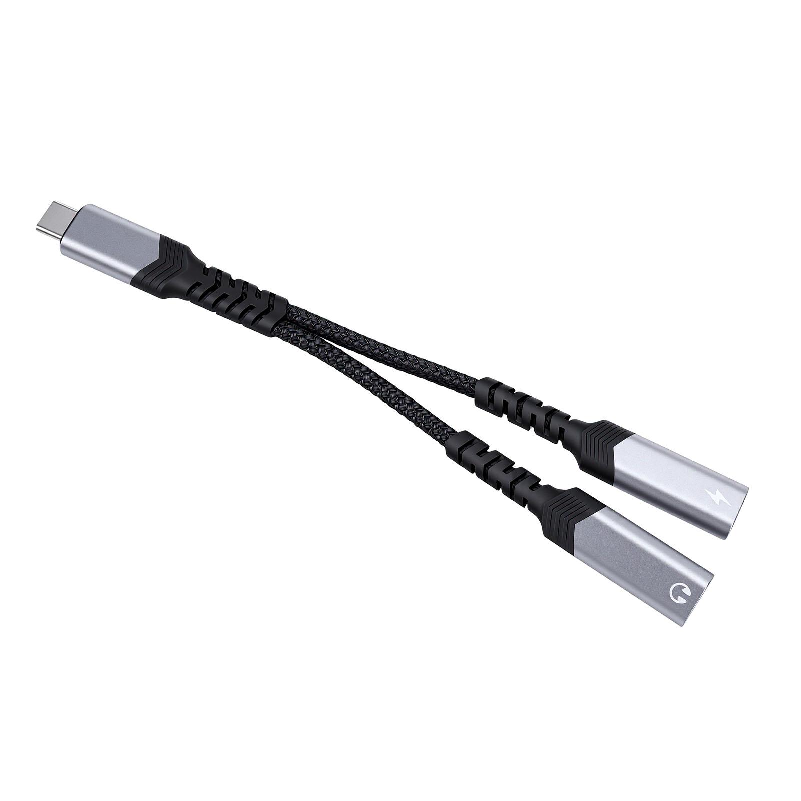 Splitter Type C 1 Entrée 2 Sorties Adaptateur Audio Type C avec Dongle Câble de Charge Rapide PD 60W pour Écouteurs Filaire