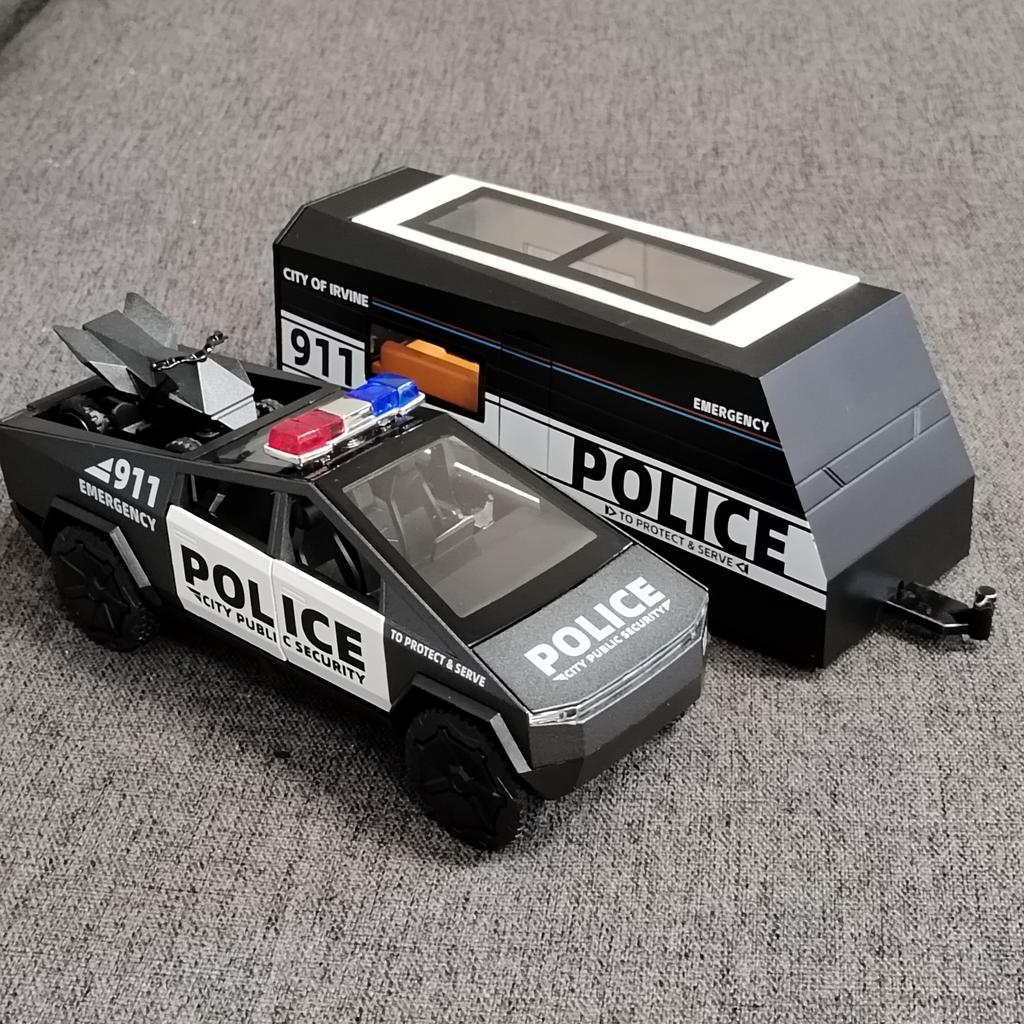 1/32 Tesla Police Cybertruck Trailer Off Road Pickup Truck Diecast Model Car Alloy Children's Toy RV Sound & Light Music Birthday Gift