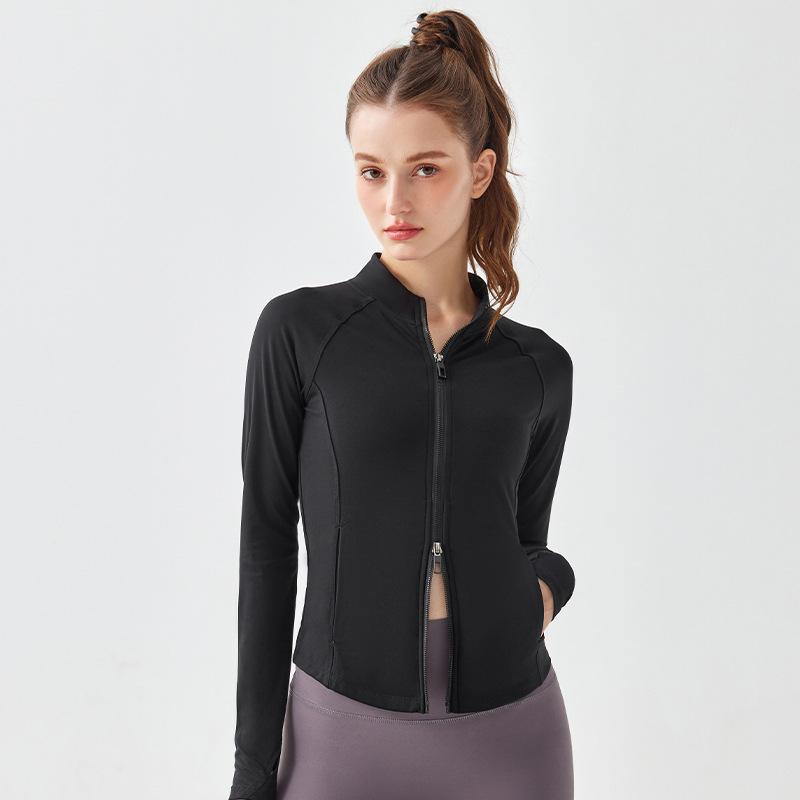 Women s Slim Fit Double Zipper Stand Collar Yoga Jacket – Long Sleeve Sports Top for Running & Cycling in Autumn/Winter S