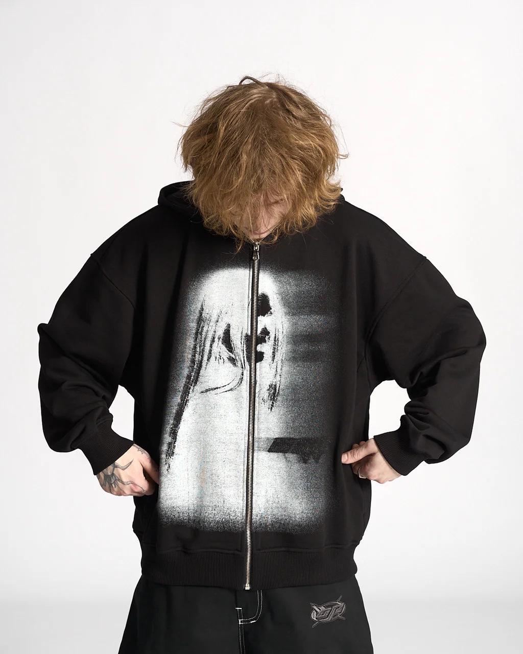 

Кардиган с капюшоном 2025 года для трансграничной торговли: Унисекс свитшот в уличном стиле с темным принтом Extra Large