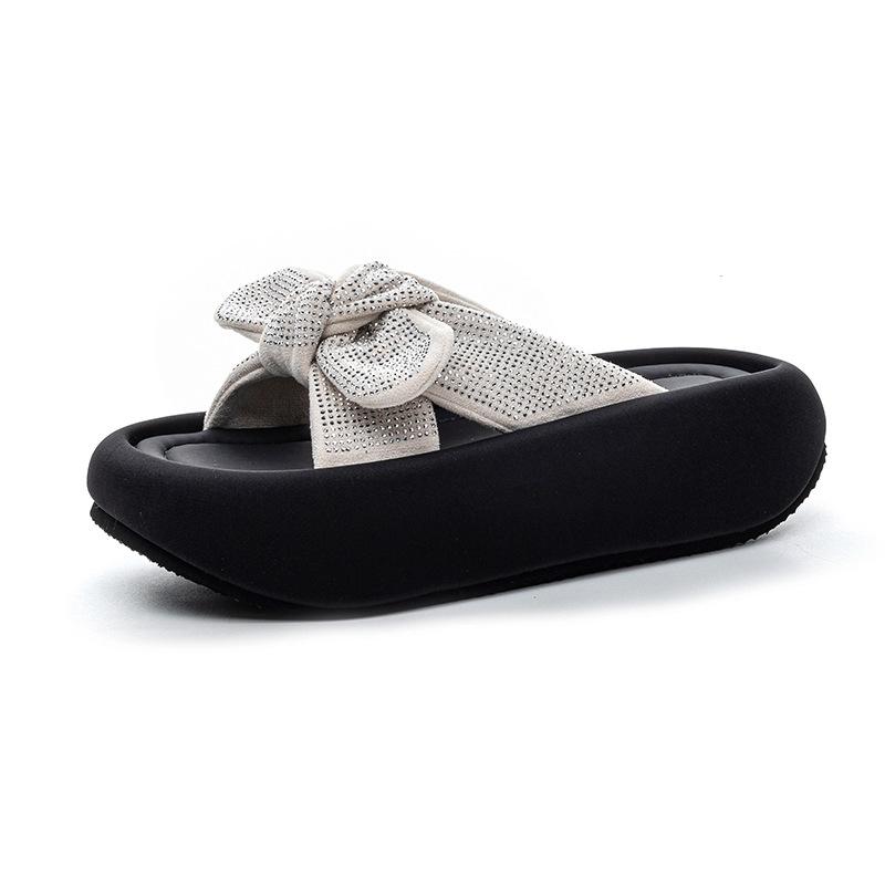Rhinestones wear slippers for women, 2025 new bow casual fashion, versatile platform beach women's shoes