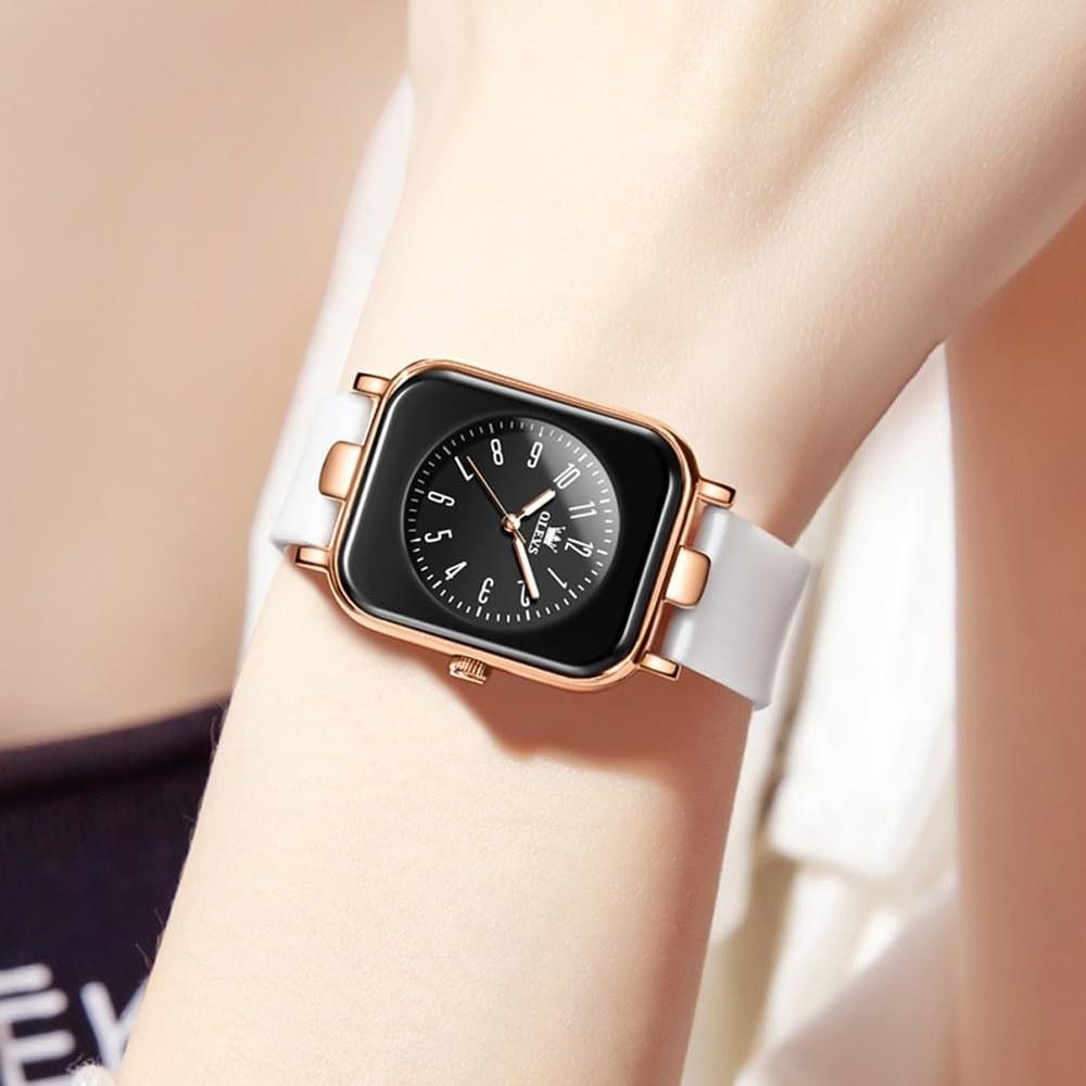 OLEVS Women's Waterproof Wristwatch Quartz Movement White Silicone Band Rose Gold Case Black Dial Luminous Function