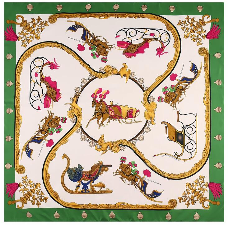New Silk Scarf Women Large Shawls Horse Carriage Stoles Square Bandana Luxury Kerchief Hijab Scarf Female Foulards 130CM