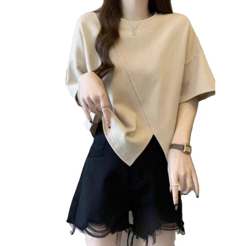 Large size front shoulder irregular short-sleeved T-shirt for women's summer new thin belly cover design split top for women