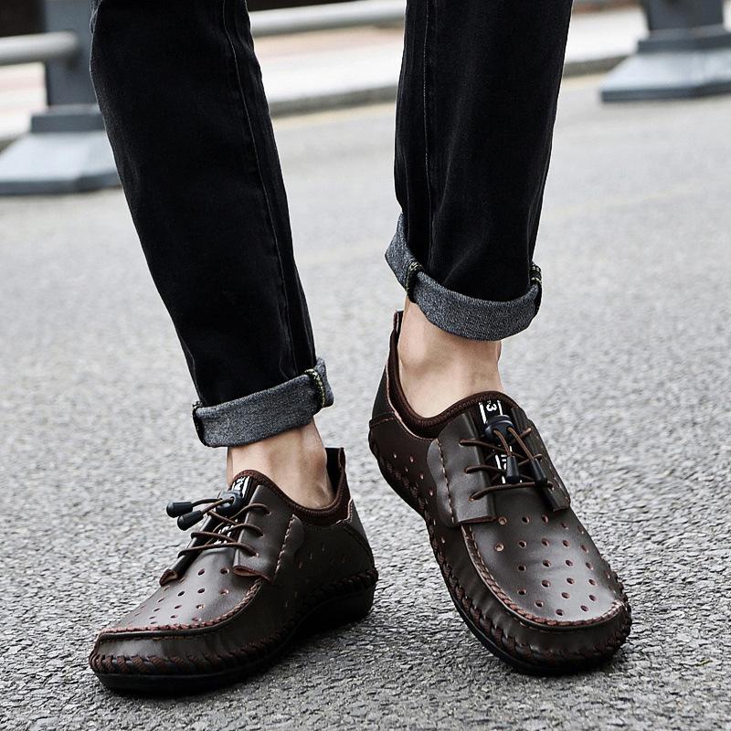 Summer Slip-on Lofter Men's Leather Hole Shoes Men's Driving Casual Leather Shoes Breathable Peas Board Shoes Fashion