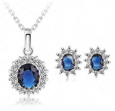

New Luxury Blue Royal Princess With Inlaid Imitation Zircon Crystal Necklace Earrings Set Female Bride Set Party Zircon High