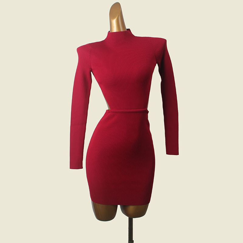 

Accessible Luxury Red Hip Covered Dress Foreign Trade Original Order Half Turtleneck Beauty Back Knitting Long Sleeve Short Dress Red L(There is a split)