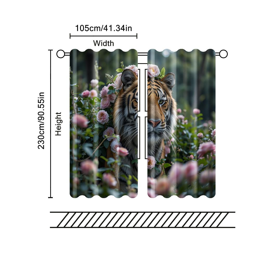 2 Pcs, Filtering Curtains (excluding Rods, Non-movable, Without Batteries) Flower Tiger for Use In Bedrooms and Living Rooms