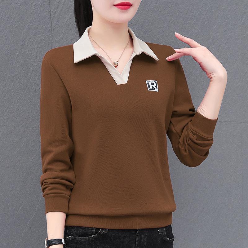 

2024 Модная женская футболка с воротником-поло и длинным рукавом на весну и осень 2XL (125-135 catties) коричневый