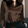 Women Long Sleeve Button Down Shirt Elegant Satin Blouse Classic Collar Loose Fit Office Top for Business Casual Wear