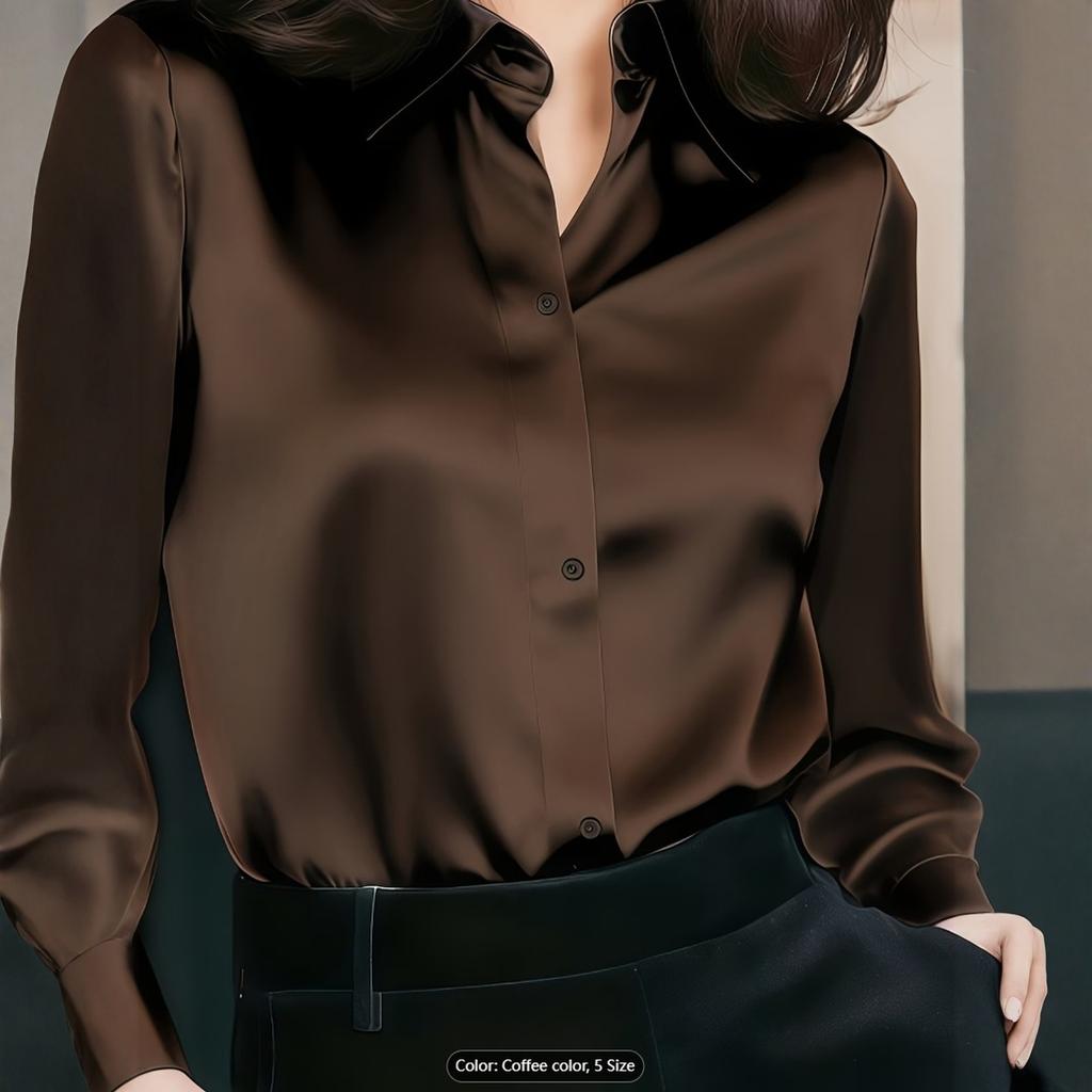 Women Long Sleeve Button Down Shirt Elegant Satin Blouse Classic Collar Loose Fit Office Top for Business Casual Wear