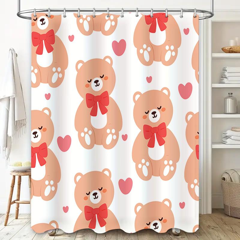 Teddy Bear Shower Curtain With Bowknot Print For Bathroom Decor Pink Red Hearts Pattern 160X180Cm Large Size Bath Tarpaulin Wate