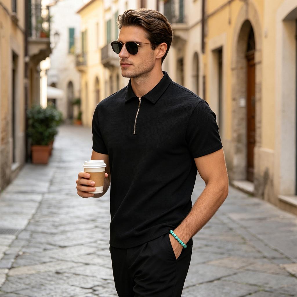 Men's Waffle Knit Short Sleeve Polo Shirt with Zip Collar Breathable Lightweight Casual Top for Summer