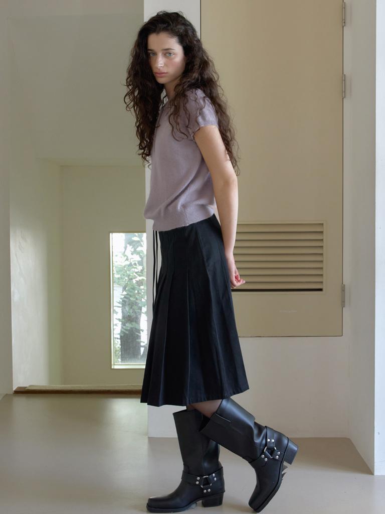 Elssibeui Drawstring Pleated Skirt_Black