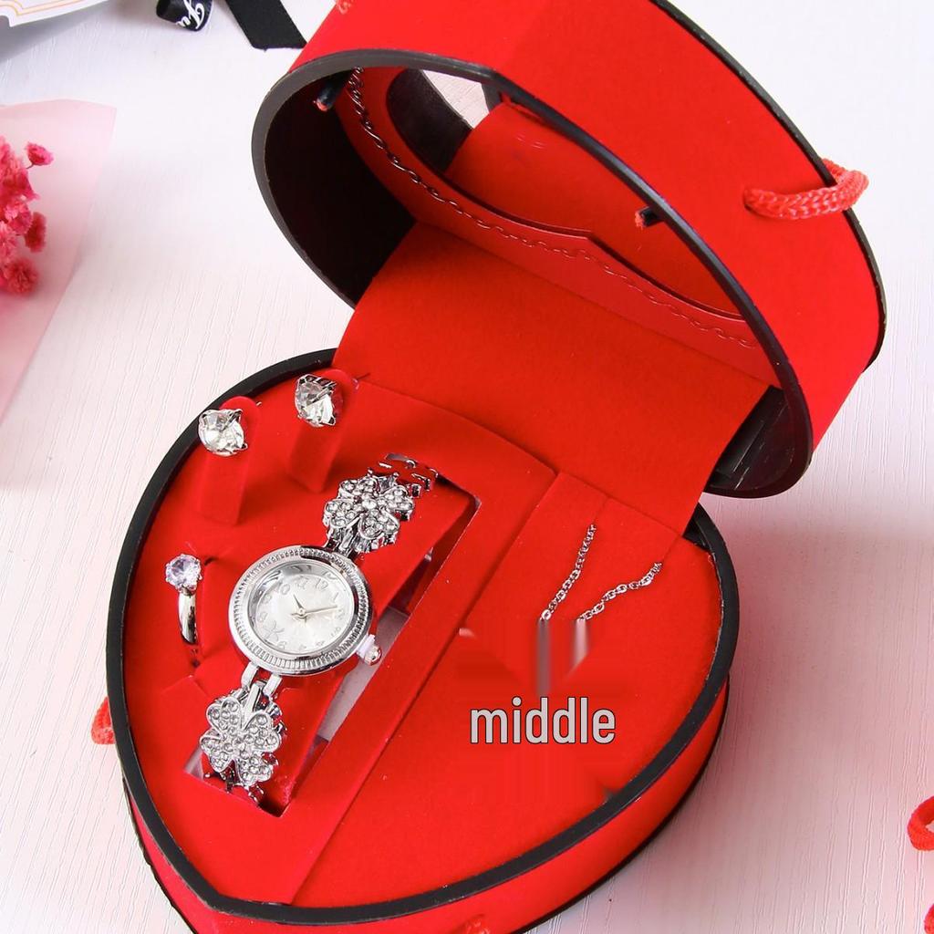 Heart-Shaped Diamond Watch & Necklace Set - Stainless Steel Gift Box for Teacher's Day or Holiday Gift for Girlfriend