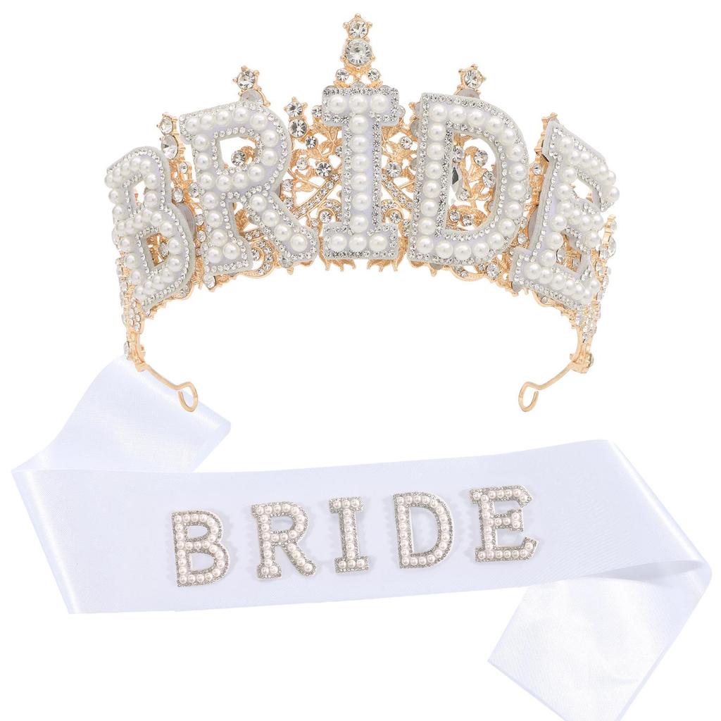 New Crystal Pearl Bride Crown & Headdress for Bachelorette Party with "BRIDE" Sash