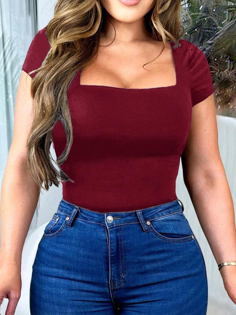 Di Yun Women's Casual Square Neck Solid Color Short Sleeve T-Shirt - 2024 Spring/Summer