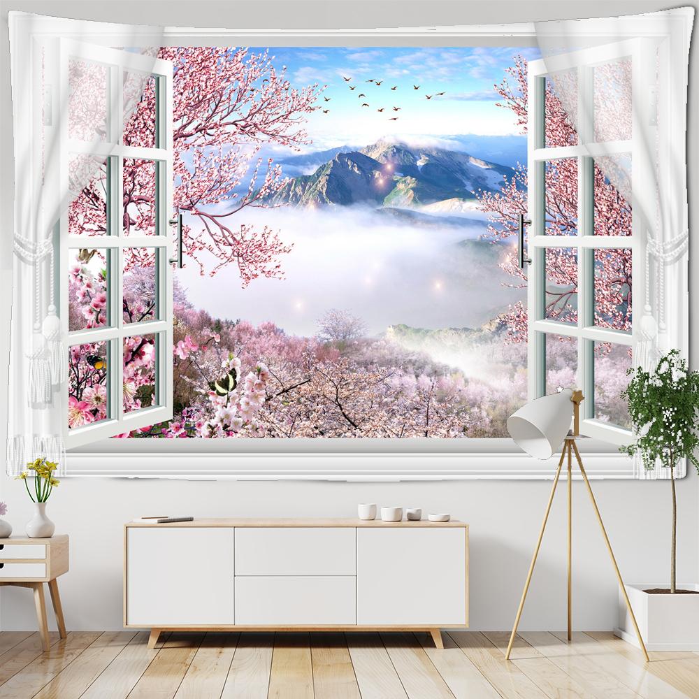 

Гобелен с пейзажем на окне для украшения, 3D-гобелен с романтическими цветами, домашняя живопись, психоделические лесные гобелены, настенные гобелены W150xH100cm