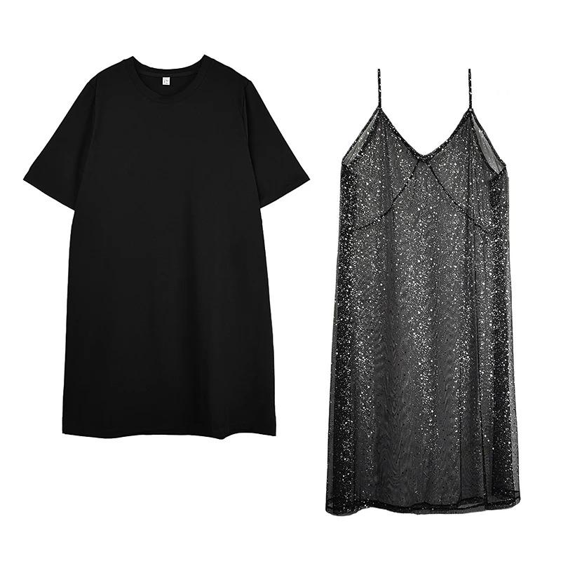 

XITAO Mesh Sequin Short Sleeve Dress ZMY1194 One Size чёрный