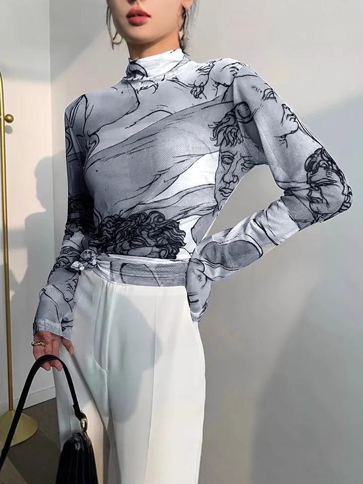 New Women's Mesh Print Slim Fit Long-Sleeve T-Shirt: European & American Spring/Autumn Fashion Trend