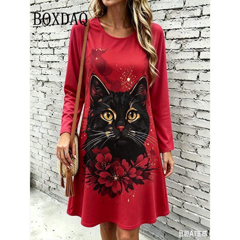 Oil Painting 3D Printing Women's Dresses Vintage Casual Poodle Dog Pattern Loose Home Dress Autumn Long Sleeve A-Line Dress 2026