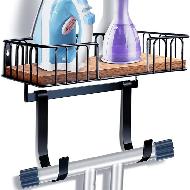 Space Saving Ironing Board Organize Wall Rack with Metal Frame & Wood Basket Laundry Room Ironing Equipment Holder