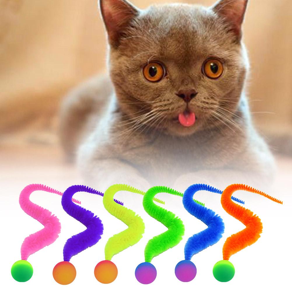 1Pc Cat Teaser Colorful Toy Bouncy Ball Fluffy Tail Simulation Kitten Bite Teaser Tool Interactive Cat Elastic Toy Supplies