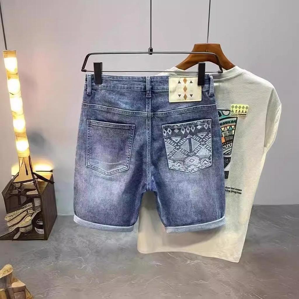 Men's Summer Thin Ripped Denim Shorts with Embroidery - Personalized Casual Breeches by Fashion Brand