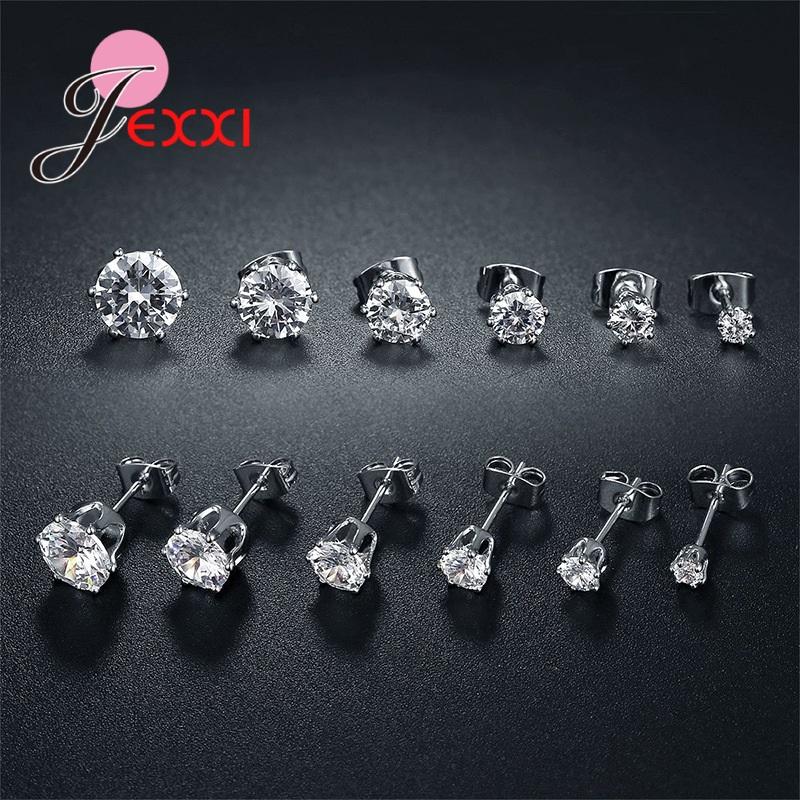 Fine 925 Sterling Silver Jewelry Earrings Clear Cubic Zircon 3MM 4MM 5MM 6MM 7MM 8MM Mix Size 6 Pairs Women Men Ear Accessories