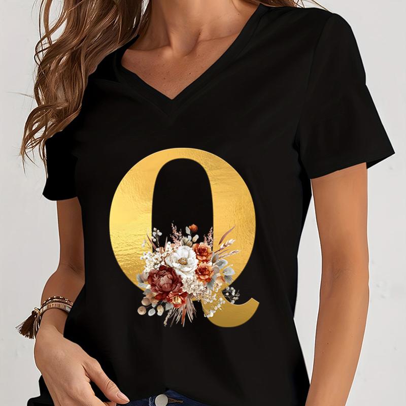 Vintage Flower Alphabet Graphic T Shirts Women Alphabet Rose Gold Essential Women Clothing Gift for Alphabet Floral Lover Tshirt