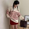 Autumn and Winter New Lazy Wind Pullover Sweater Women's Top Loose Color Matching Striped Half Zipper Knitted Sweater Outer Wear