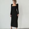 European and American Women's Clothing Square Collar Temperament Long Sleeve Slim-Fit Black Dress
