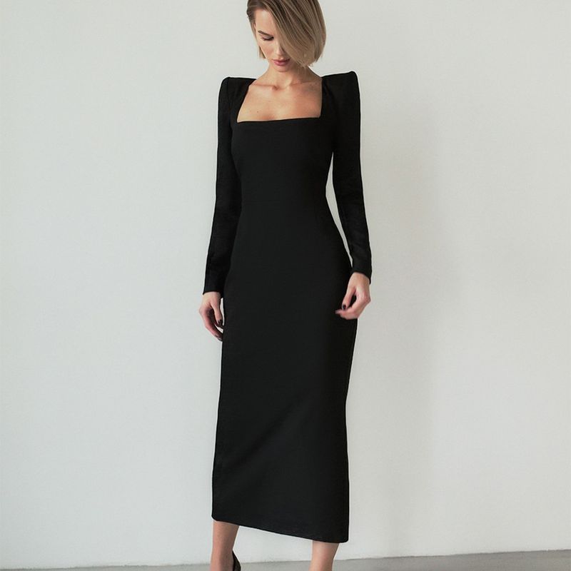 European and American Women's Clothing Square Collar Temperament Long Sleeve Slim-Fit Black Dress